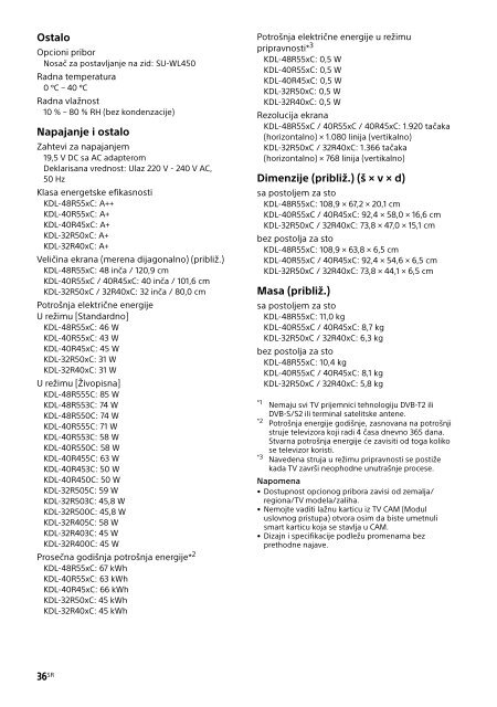 Sony KDL-48R555C - KDL-48R555C Mode d'emploi Serbe