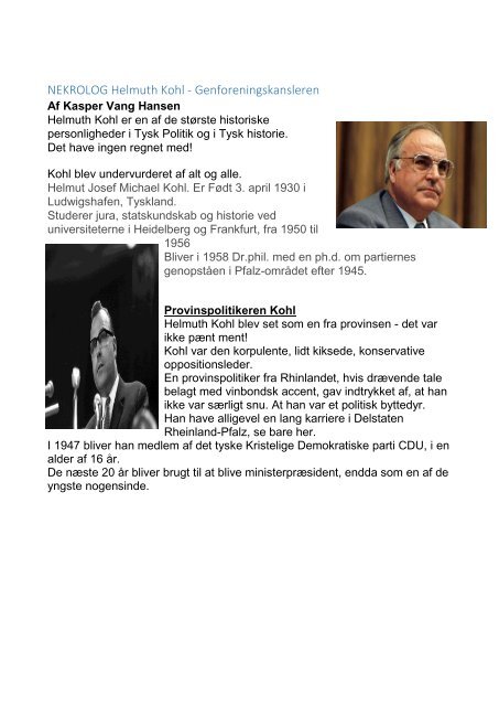 NEKROLOG Helmuth Kohl - Genforeningskansleren