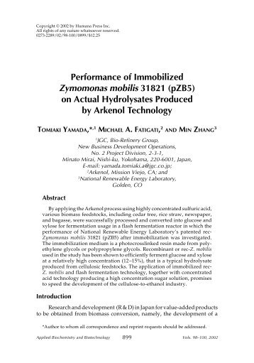 Performance of Immobilized Zymomonas mobilis 31821 ... - CiteSeer