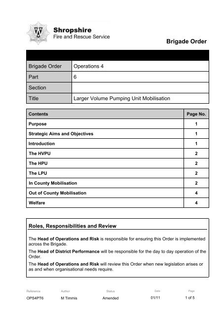 Brigade Order - Shropshire Fire and Rescue Service