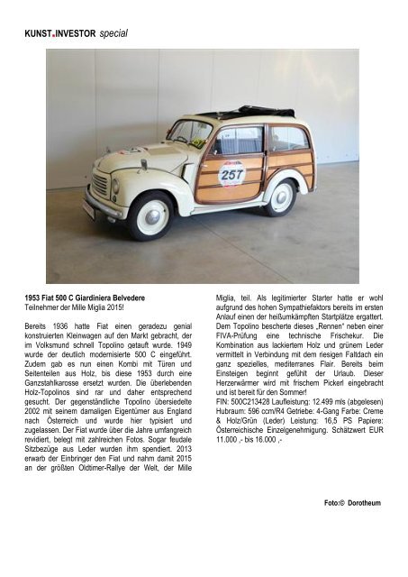 KUNSTINVESTOR-SPECIAL  „Klassische Fahrzeuge und Automobilia“ JUNI 2017