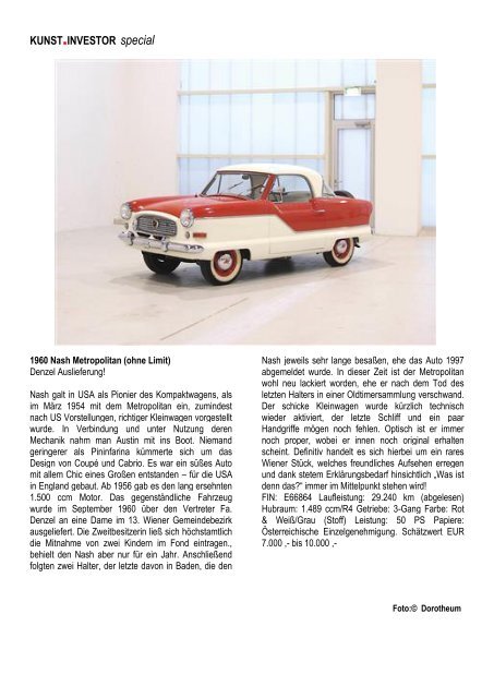 KUNSTINVESTOR-SPECIAL  „Klassische Fahrzeuge und Automobilia“ JUNI 2017