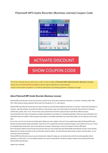 40% OFF Pistonsoft MP3 Audio Recorder (Business License) Coupon Code ...