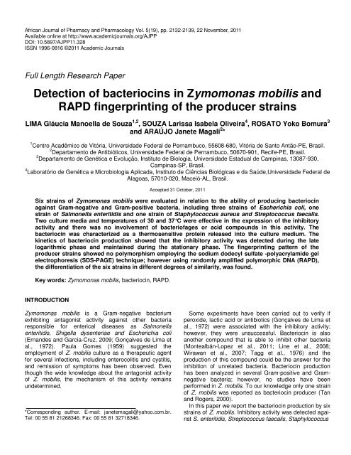 Detection of bacteriocins in Zymomonas mobilis and RAPD ...