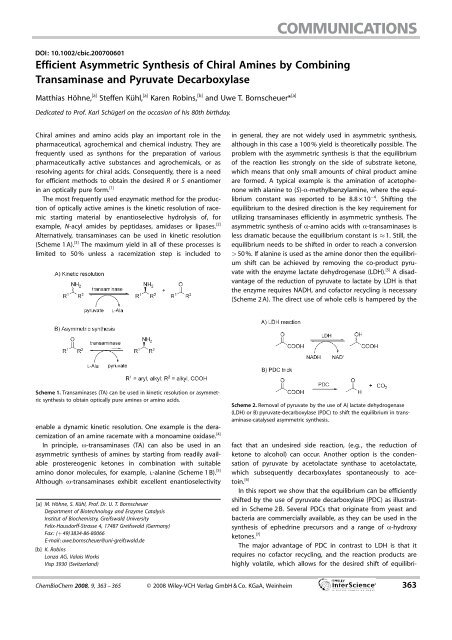 Efficient Asymmetric Synthesis of Chiral Amines by Combining - Lonza