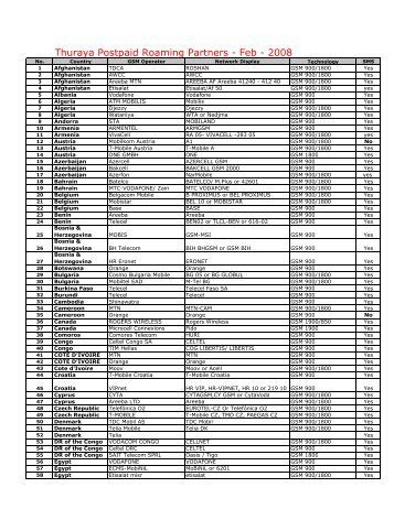 Thuraya Postpaid Roaming Partners - Feb 08