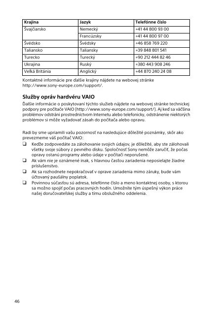 Sony SVE1713U1E - SVE1713U1E Documenti garanzia Slovacco