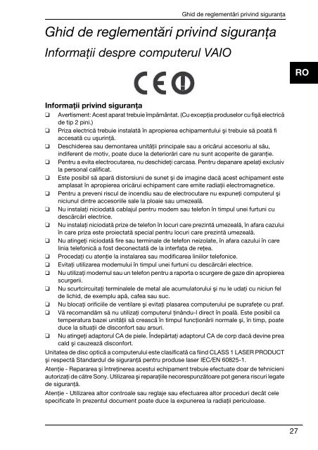 Sony VPCCW2S1E - VPCCW2S1E Documents de garantie Roumain