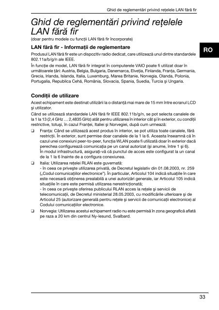 Sony VPCCW2S1E - VPCCW2S1E Documents de garantie Roumain