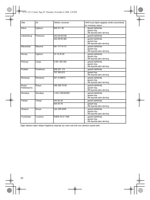 Sony VGN-FW3 - VGN-FW3 Documents de garantie Turc