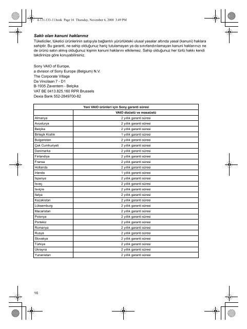 Sony VGN-SR37M - VGN-SR37M Documents de garantie Turc