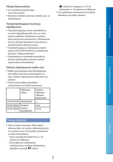 Sony DCR-SX65E - DCR-SX65E Consignes d&rsquo;utilisation Finlandais
