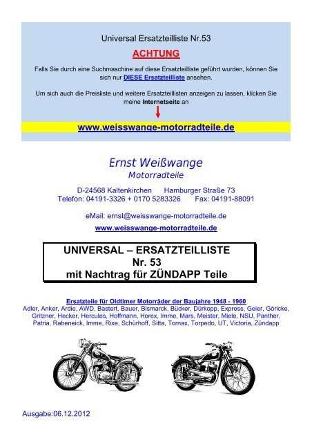 UNIVERSAL – ERSATZTEILLISTE Nr. 53 mit  - Ernst Weißwange