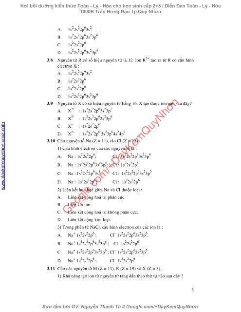 Bài tập trắc nghiệm Hóa 10 chương 2, 3, 4, 6 (có đáp án)