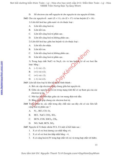 Bài tập trắc nghiệm Hóa 10 chương 2, 3, 4, 6 (có đáp án)