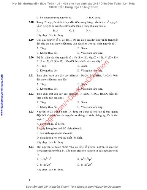 Bài tập trắc nghiệm Hóa 10 chương 2, 3, 4, 6 (có đáp án)