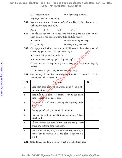 Bài tập trắc nghiệm Hóa 10 chương 2, 3, 4, 6 (có đáp án)