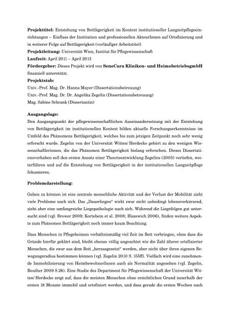 Projektbeschreibung - Institut für Pflegewissenschaft - Universität Wien