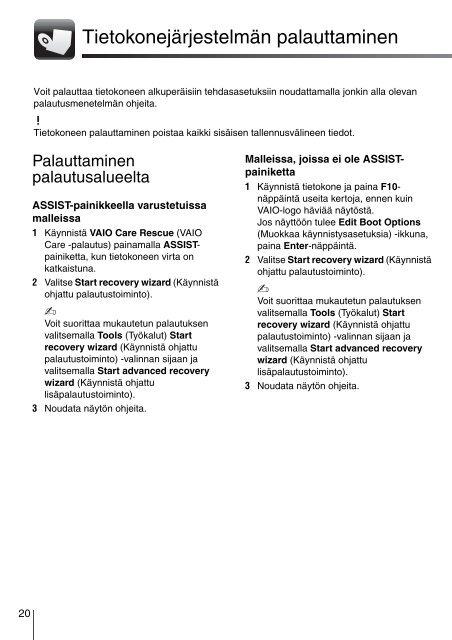 Sony VPCS12F7E - VPCS12F7E Guide de d&eacute;pannage Finlandais