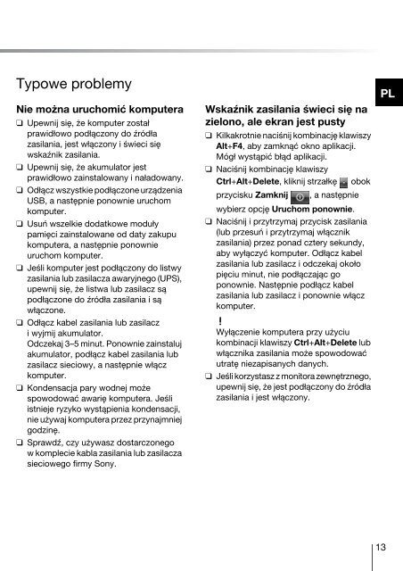 Sony VPCS12F7E - VPCS12F7E Guide de d&eacute;pannage Polonais