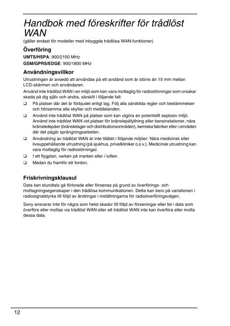 Sony VPCS12F7E - VPCS12F7E Documents de garantie Su&eacute;dois