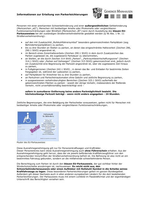 Informationen zur Erteilung von Parkerleichterungen ... - Mainhausen