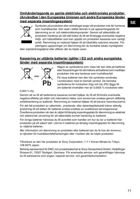 Sony VPCEJ2B4E - VPCEJ2B4E Documents de garantie Su&eacute;dois