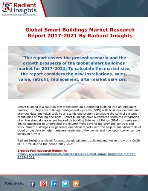 Global Smart Buildings Market Research Report 2017-2021 By Radiant Insights