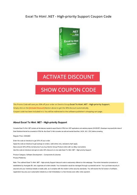 30% OFF Excel To Html .NET - High-priority Support Coupon Code 2017 ...