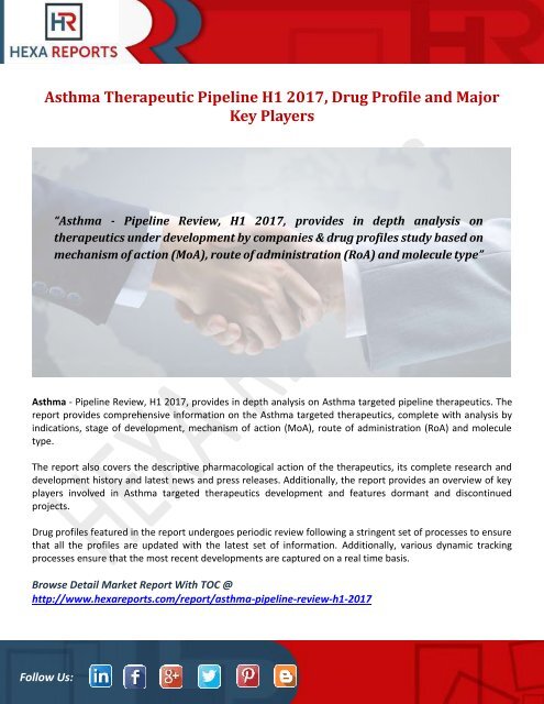 Asthma Therapeutic Pipeline H1 2017, Drug Profile and Major Key Players