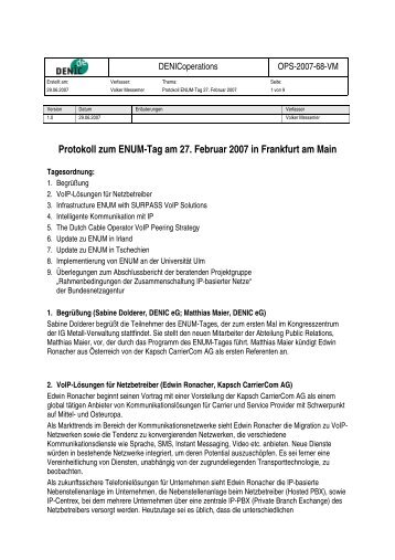 Protokoll zum ENUM-Tag am 27. Februar 2007 in Frankfurt am Main