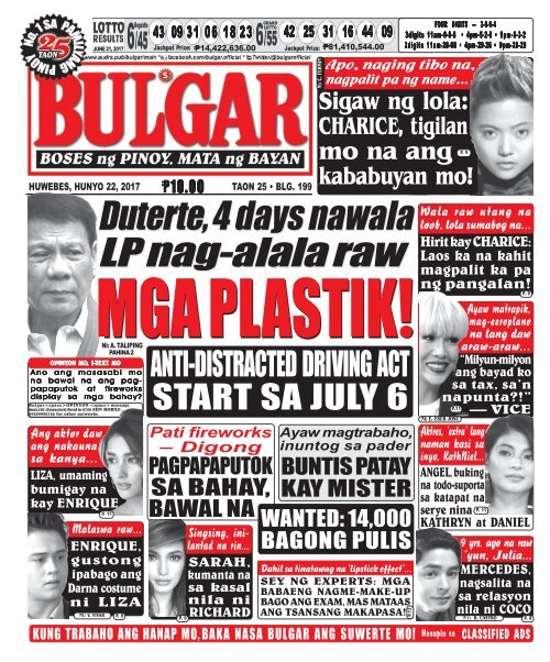 June 22, 2017 BULGAR: BOSES NG PINOY, MATA NG BAYAN