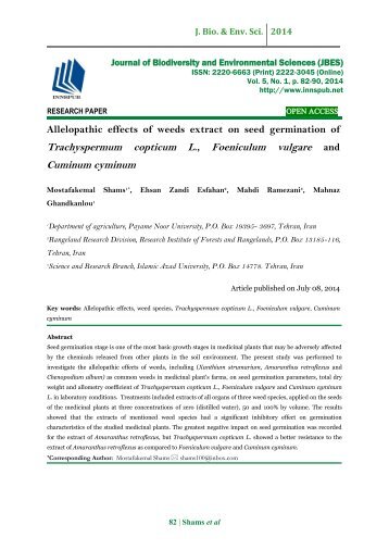 Allelopathic effects of weeds extract on seed germination of Trachyspermum copticum L., Foeniculum vulgare and Cuminum cyminum
