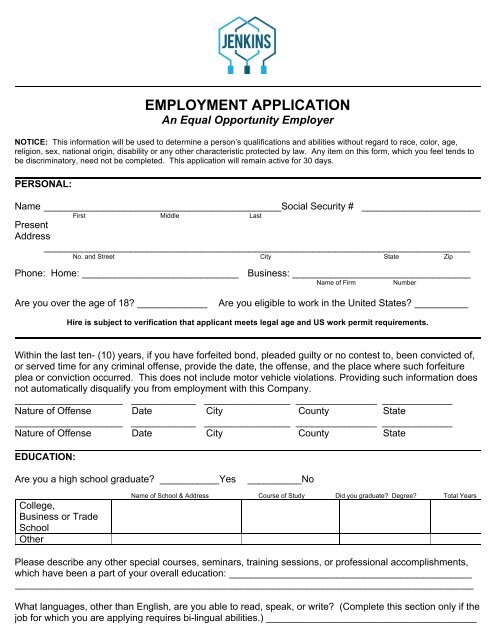 Jenkins Employment Application