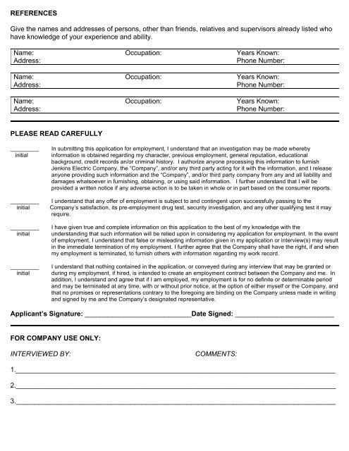 Jenkins Employment Application