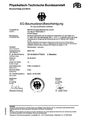 Baumusterprüfbescheinigung ERW 700 - METRA Energie