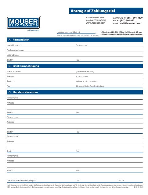 Antrag auf Zahlungsziel - Mouser Electronics