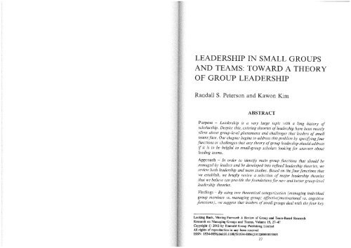 Leadership in small groups and teams: Toward a theory of group leadership