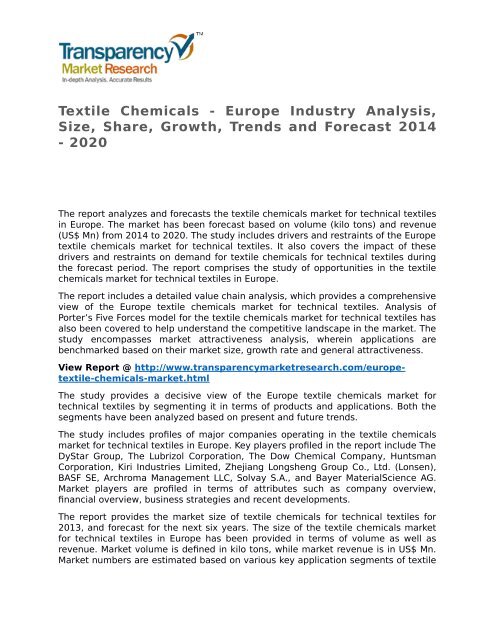 Textile Chemicals - Europe Industry Analysis, Size, Share, Growth, Trends and Forecast 2014 - 2020