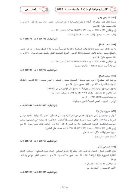 Bibliographie Nationale de Tunisie - 2012