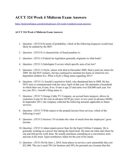 ACCT 324 Week 4 Midterm Exam Answers