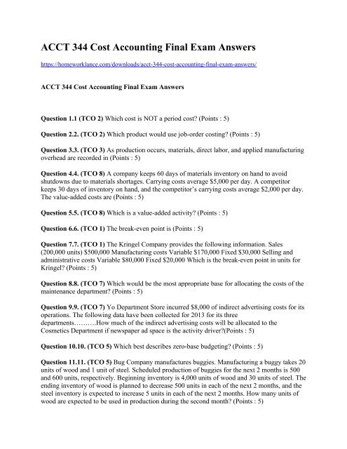 ACCT 344 Cost Accounting Final Exam Answers