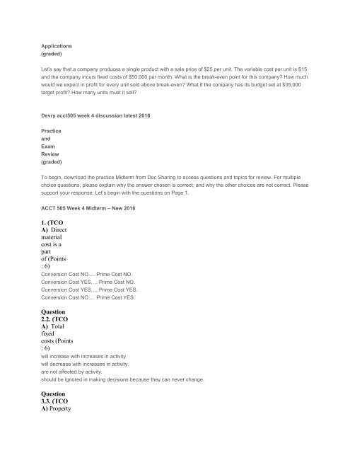 ACCT 505 Managerial Accounting Entire Course