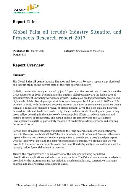 Global Palm oil (crude) Industry Situation and Prospects Research report 2017