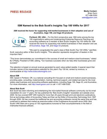 ISM Named to the Bob Scott's Insights Top 100 VARs for 2017