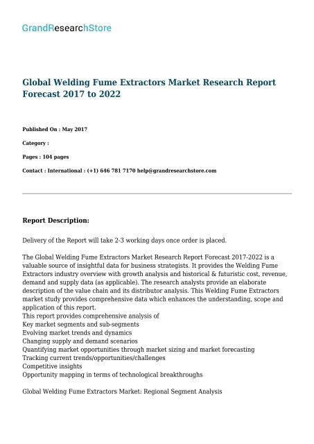 Global Welding Fume Extractors Market Research Report Forecast 2017 to 2022