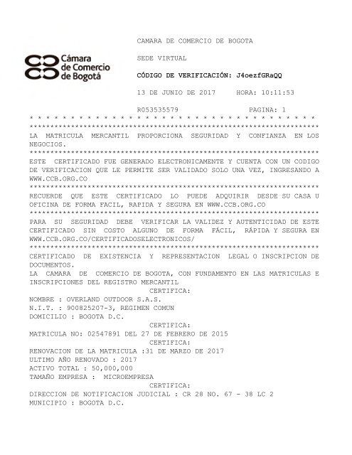 OVERLAND OUTDOOR SAS - Certificado CCB