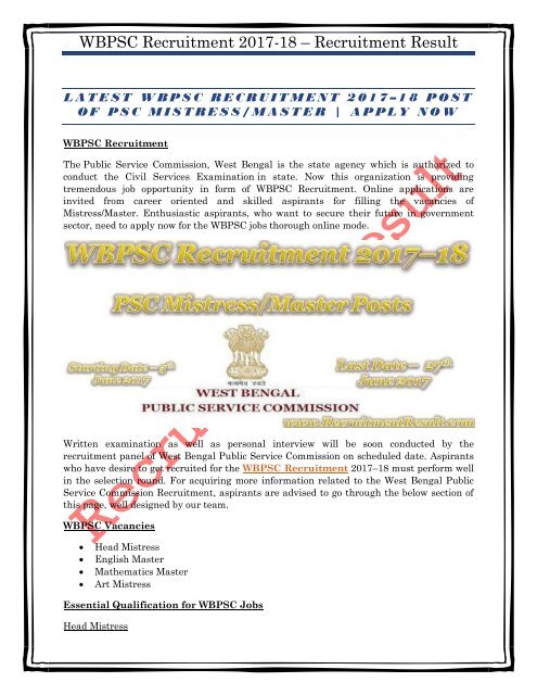 LATEST WBPSC RECRUITMENT 2017–18 POST OF PSC MISTRESS,MASTER  APPLY NOW