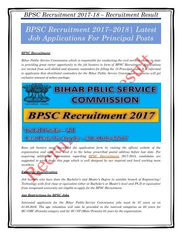 BPSC Recruitment 2017–2018 Latest Job Applications For Principal Posts