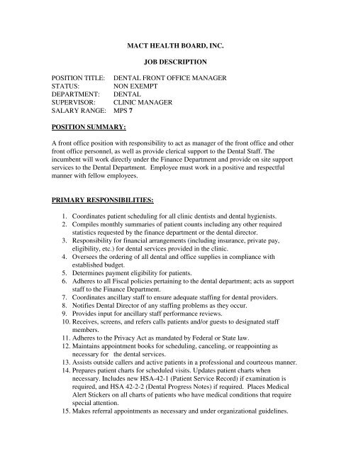 Dental Front Office Manager Status Mact Health Board